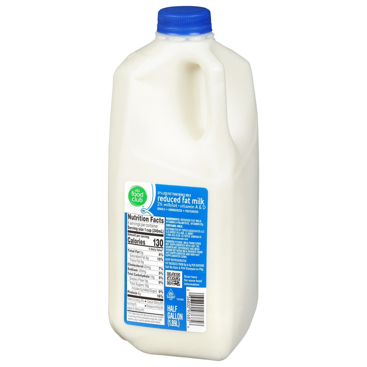 slide 3 of 9, Food Club Milk, Reduced Fat, 2%, 64 oz