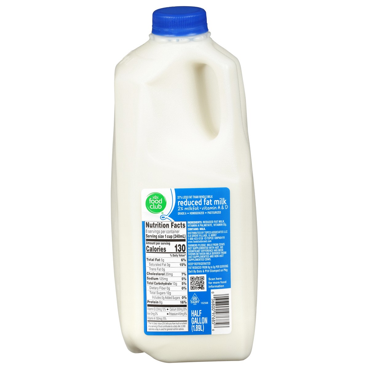 slide 1 of 9, Food Club Milk, Reduced Fat, 2%, 64 oz