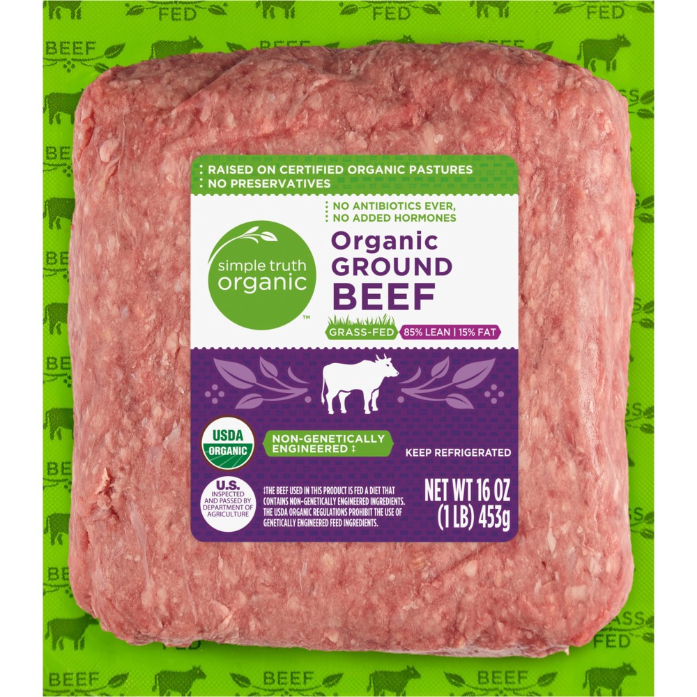 slide 1 of 2, Simple Truth Organic Ground Beef 85% Lean Grass Fed, 1 lb