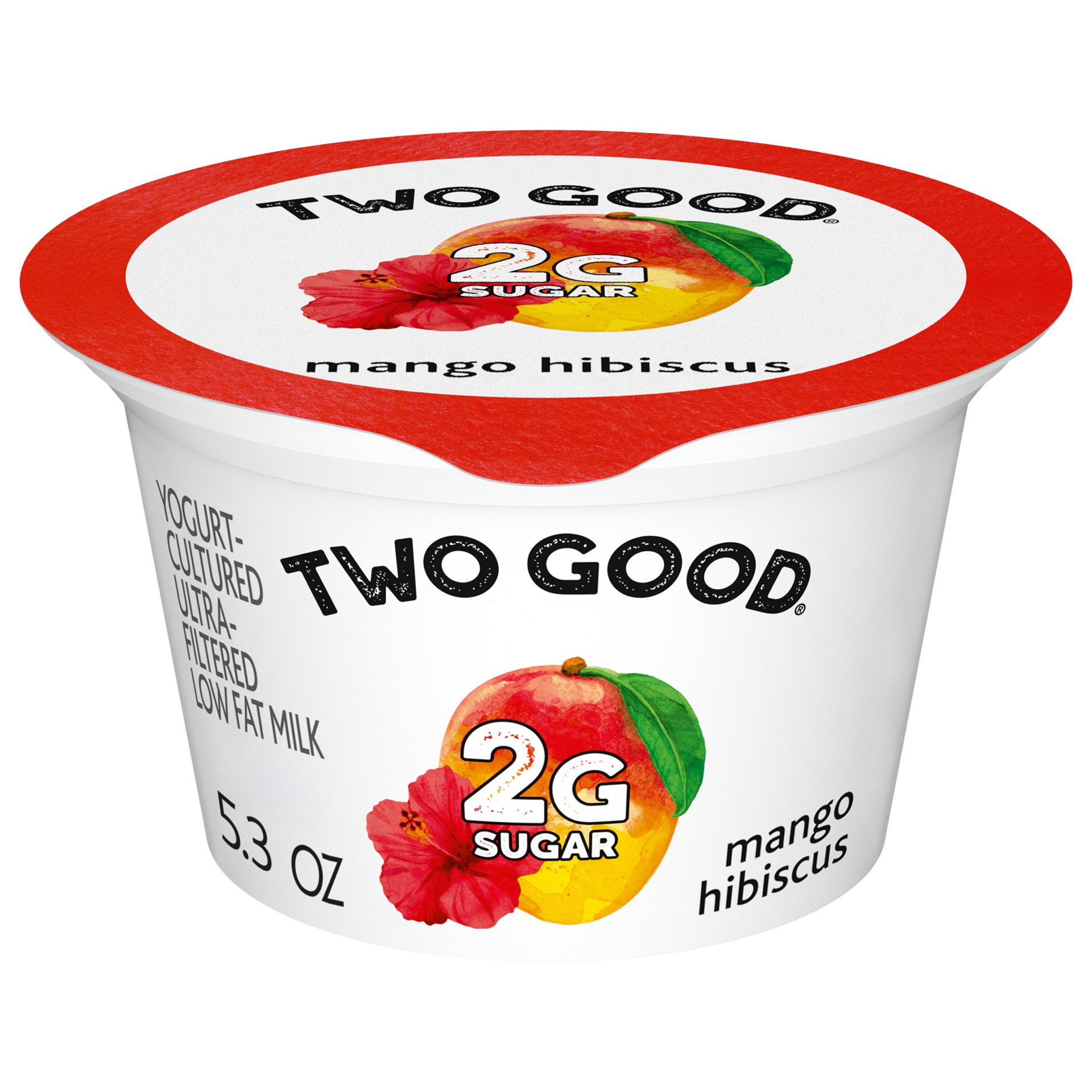 slide 1 of 9, Two Good Mango Hibiscus Flavored Lower Sugar, Low Fat Greek Yogurt Cultured Product, Gluten Free, Keto Friendly Healthy Snacks, 5.3 OZ Cup, 5.3 oz