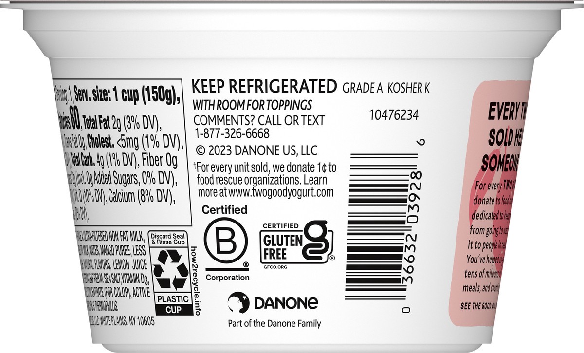 slide 8 of 9, Two Good Mango Hibiscus Flavored Lower Sugar, Low Fat Greek Yogurt Cultured Product, Gluten Free, Keto Friendly Healthy Snacks, 5.3 OZ Cup, 5.3 oz