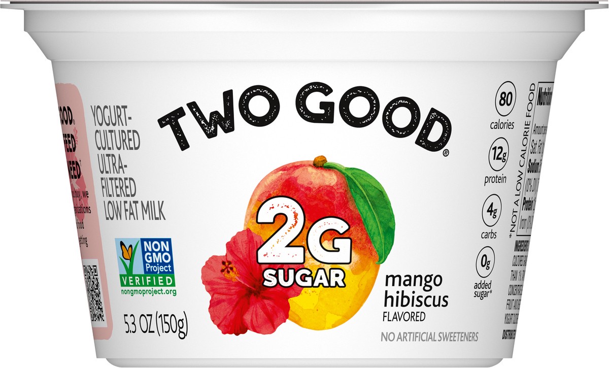 slide 4 of 9, Two Good Mango Hibiscus Flavored Lower Sugar, Low Fat Greek Yogurt Cultured Product, Gluten Free, Keto Friendly Healthy Snacks, 5.3 OZ Cup, 5.3 oz