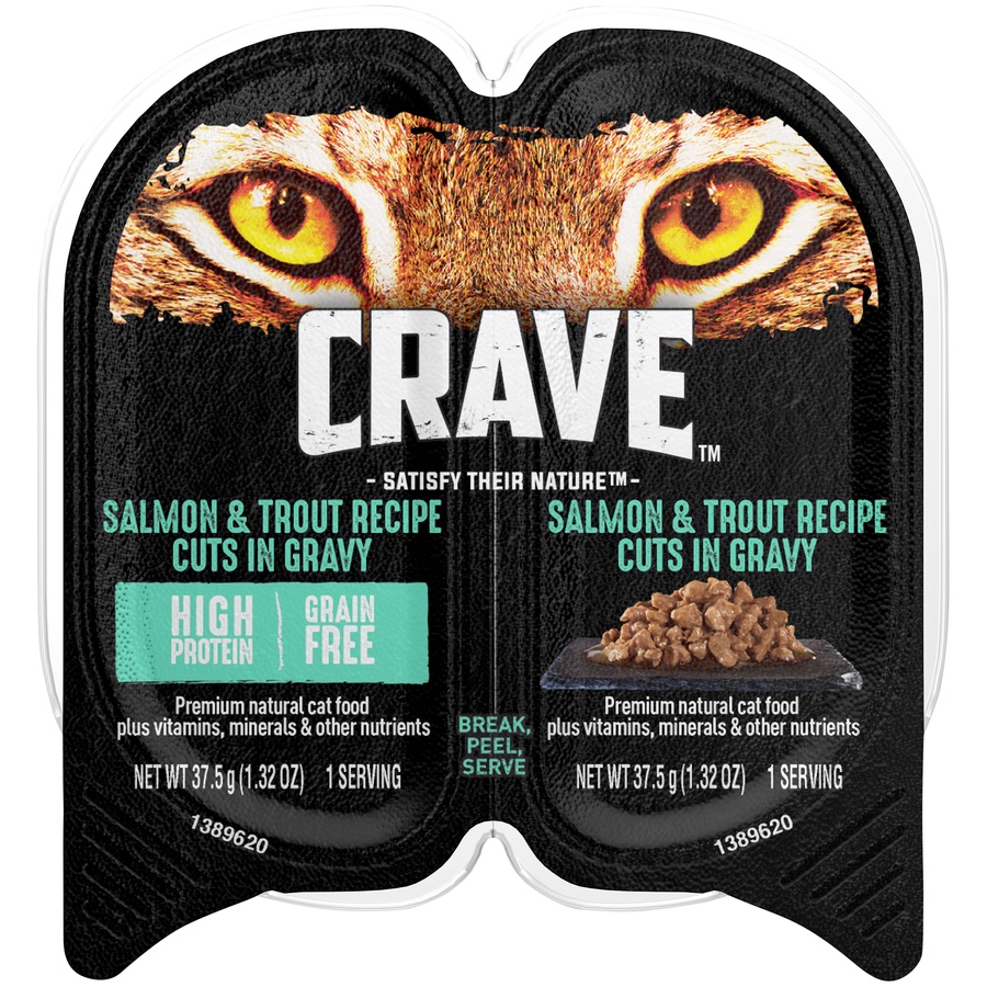 slide 1 of 1, Crave Grain Free Adult Wet Cat Food Salmon & Trout Recipe Cuts in Gravy Twin-Pack Tray, 2.6 oz