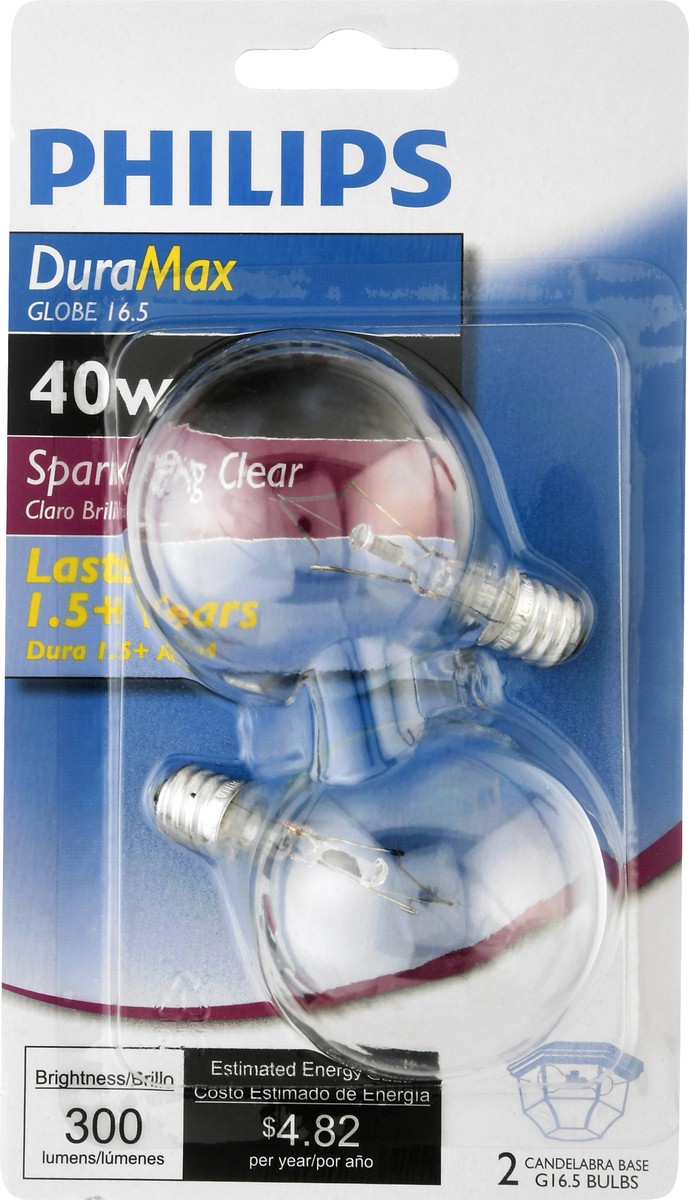 slide 6 of 9, Philips DuraMax 40 Watts Globe Sparkling Clear Light Bulbs 2 ea, 2 ct