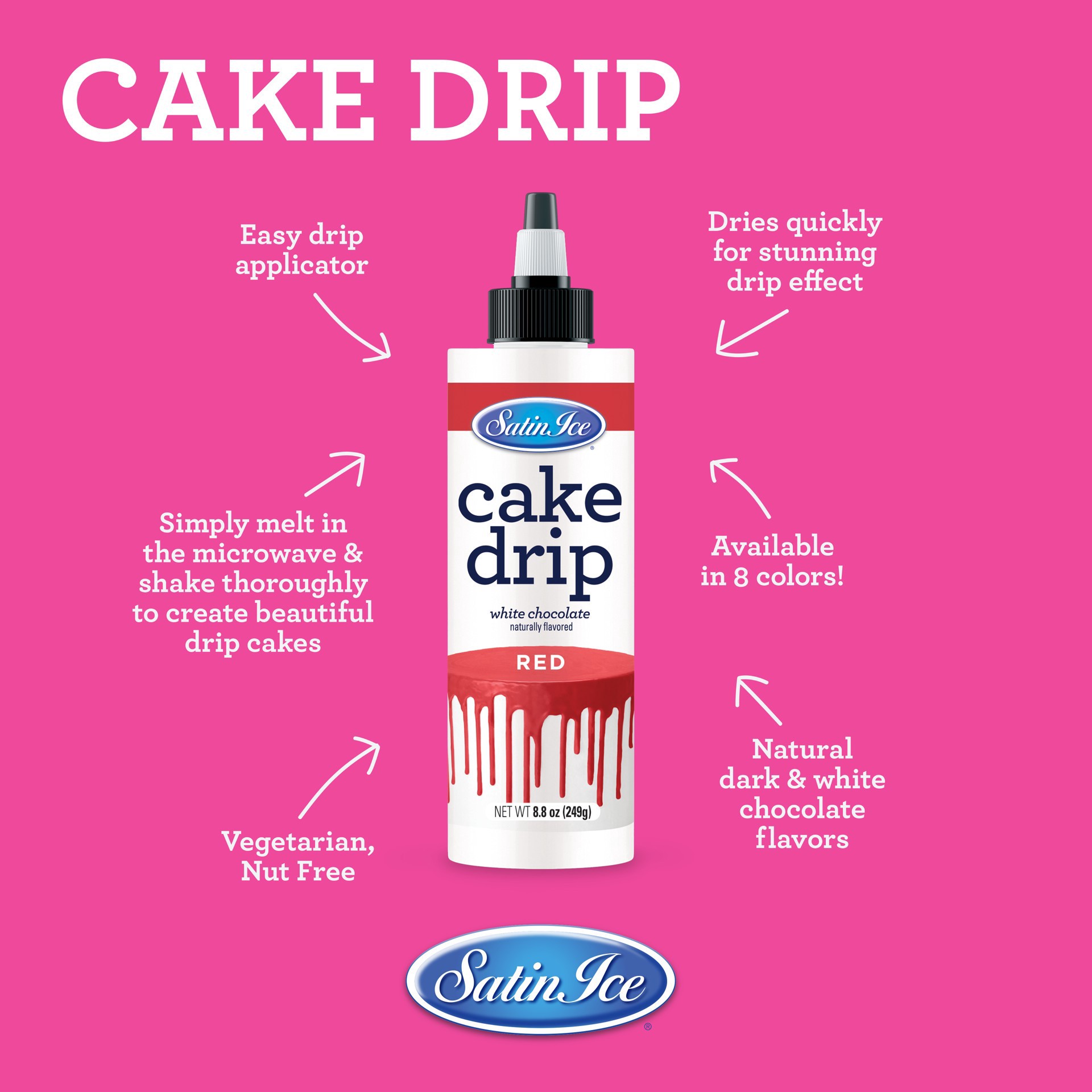 slide 5 of 5, Satin Ice White Chocolate Cake Drip, 8.8 oz
