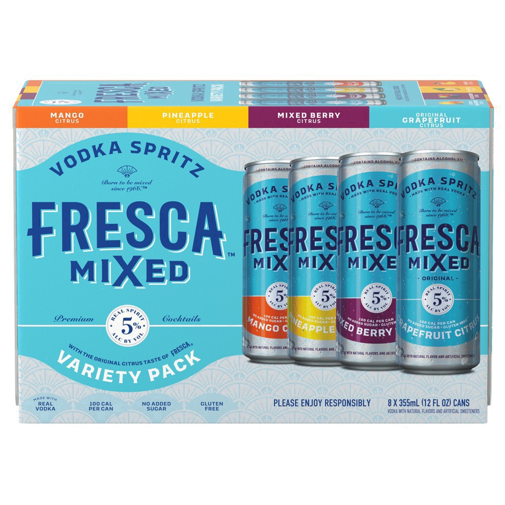 slide 9 of 15, Fresca Mixed Vodka Spritz Variety Pack Gluten-Free Canned Cocktail, 8 pk 12 fl oz Cans, 5% ABV, 8 ct; 12 oz