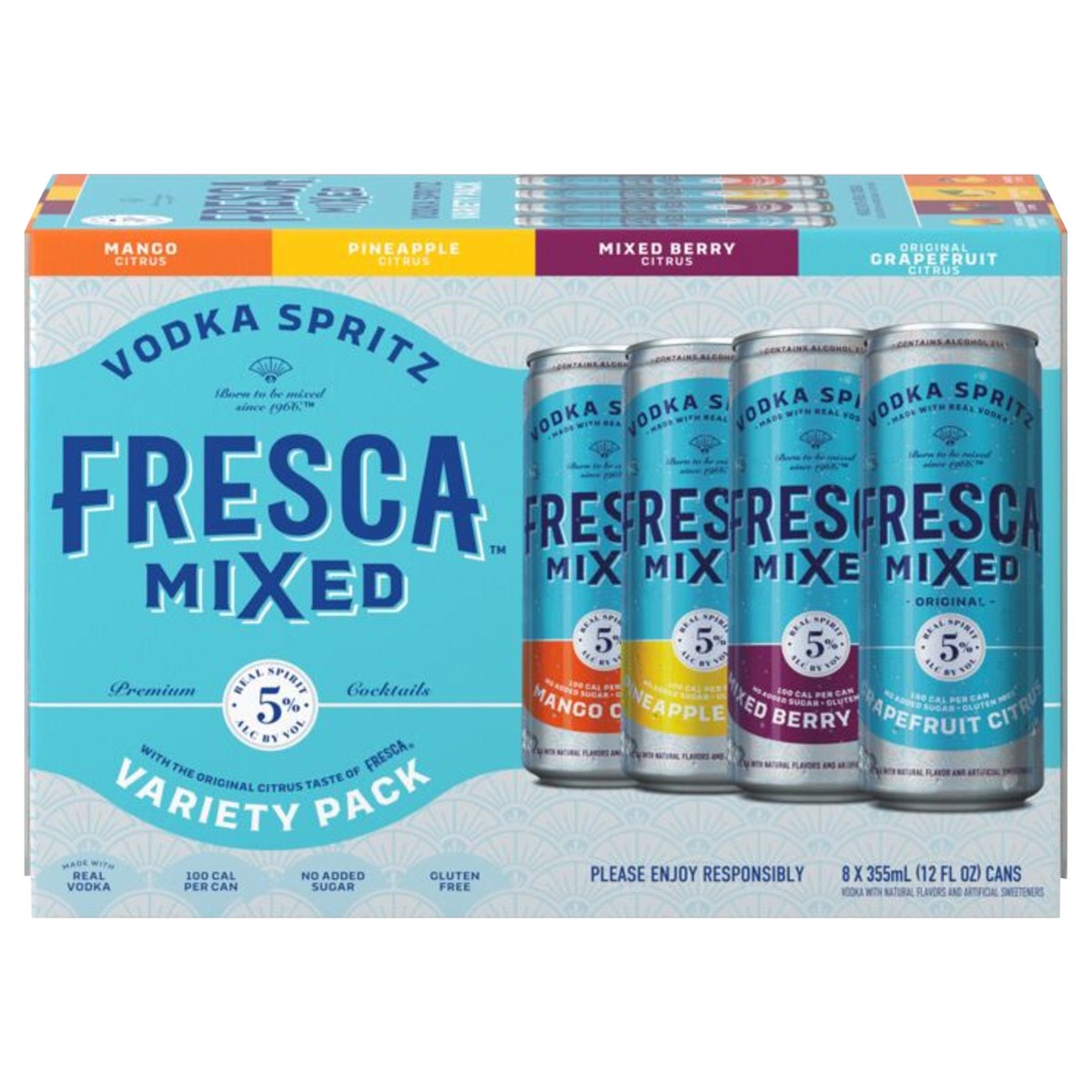 slide 1 of 15, Fresca Mixed Vodka Spritz Variety Pack Gluten-Free Canned Cocktail, 8 pk 12 fl oz Cans, 5% ABV, 8 ct; 12 oz