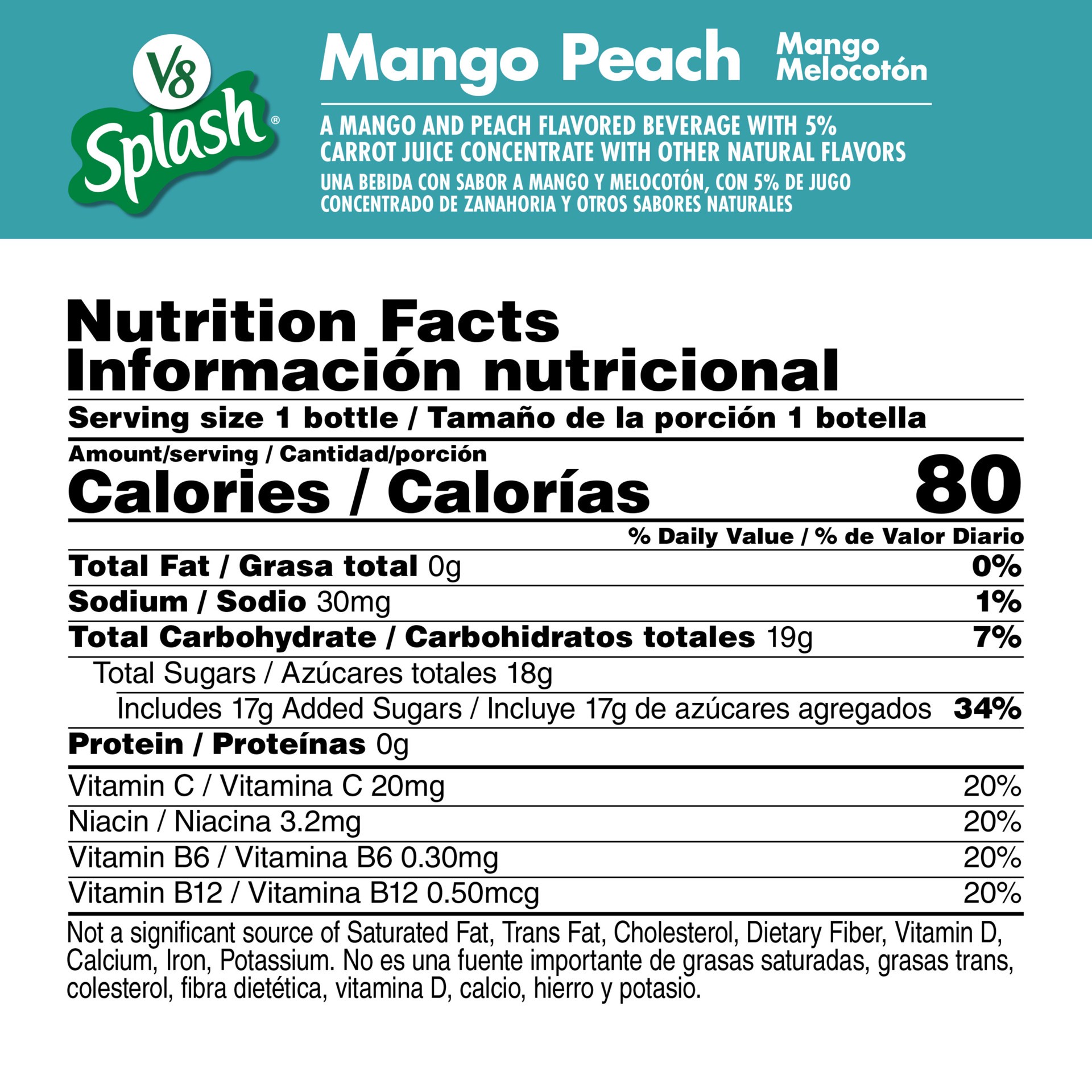 slide 8 of 8, V8 Splash Mango Peach Flavored Juice Beverage, 16 fl oz Bottle, 16 oz