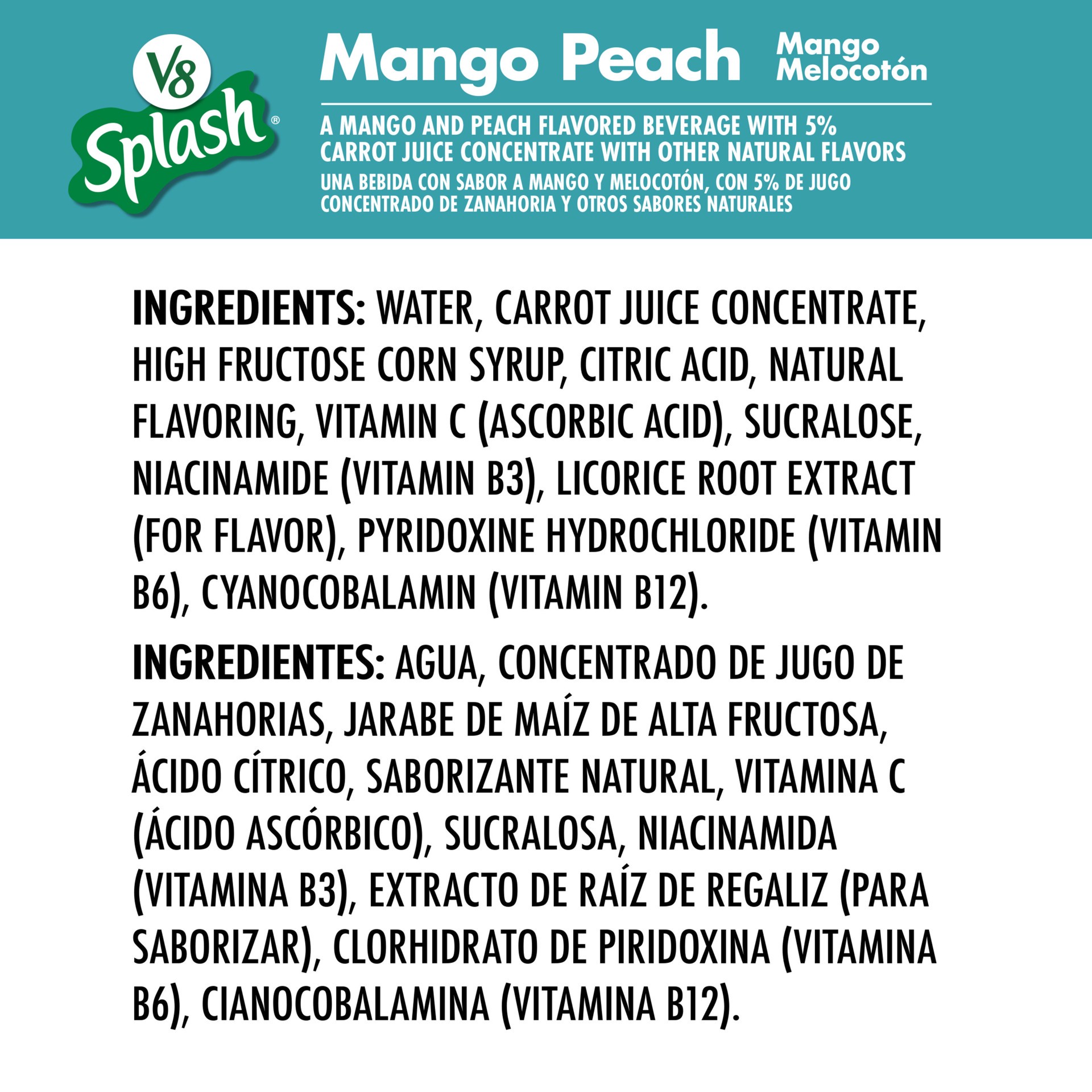 slide 6 of 8, V8 Splash Mango Peach Flavored Juice Beverage, 16 fl oz Bottle, 16 oz