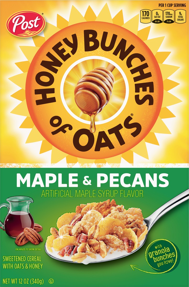 slide 3 of 8, Post Honey Bunches of Oats Maple and Pecans Breakfast Cereal, 12 OZ Box, 12 oz