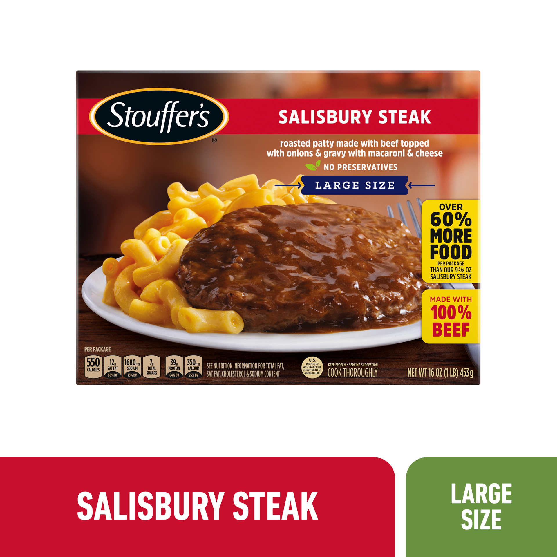 slide 1 of 8, Stouffer's Large Size Salisbury Steak Frozen Meal, 16 oz