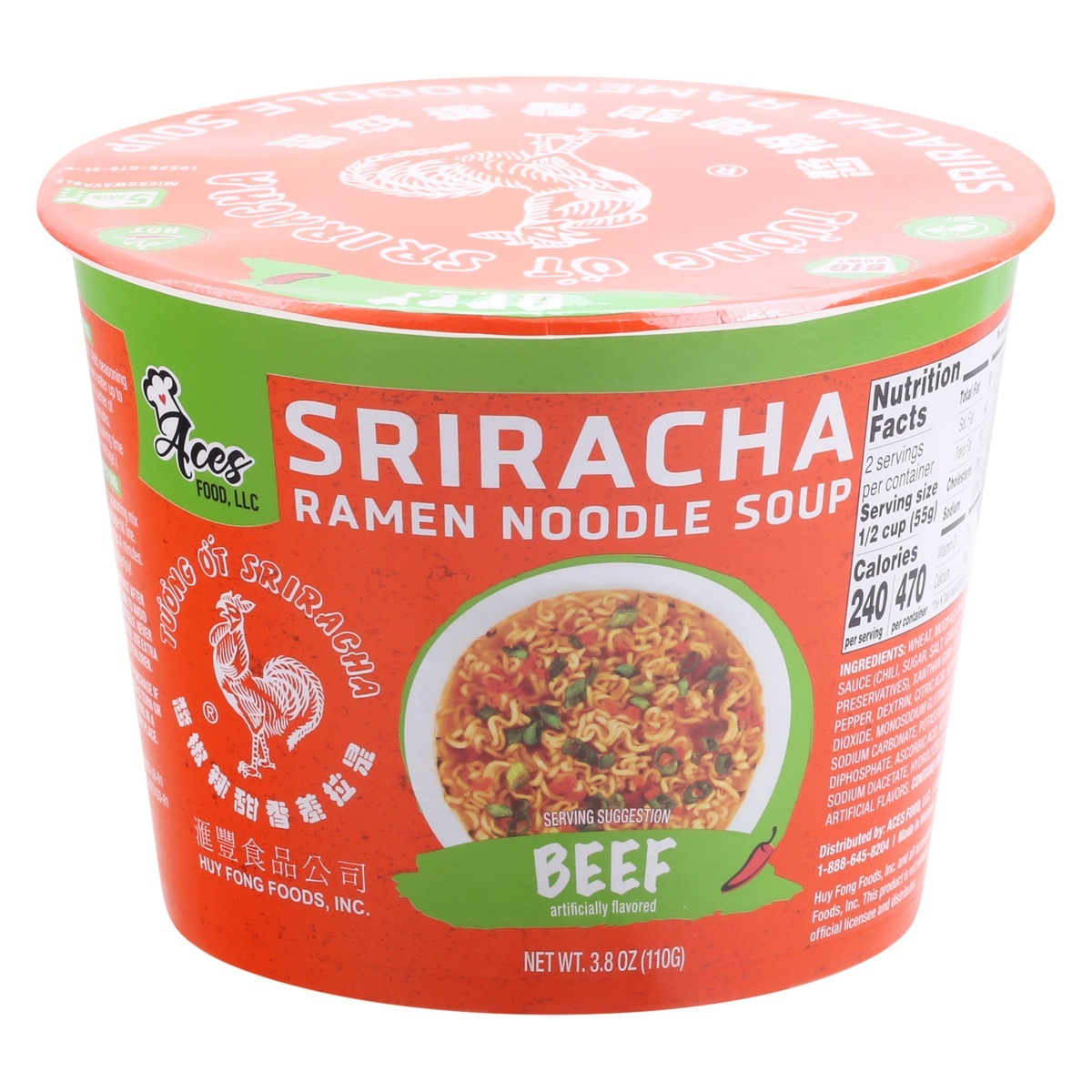 slide 1 of 1, Aces Food Huy Fong Sriracha Beef Ramen Noodle Cup, 3.8 oz
