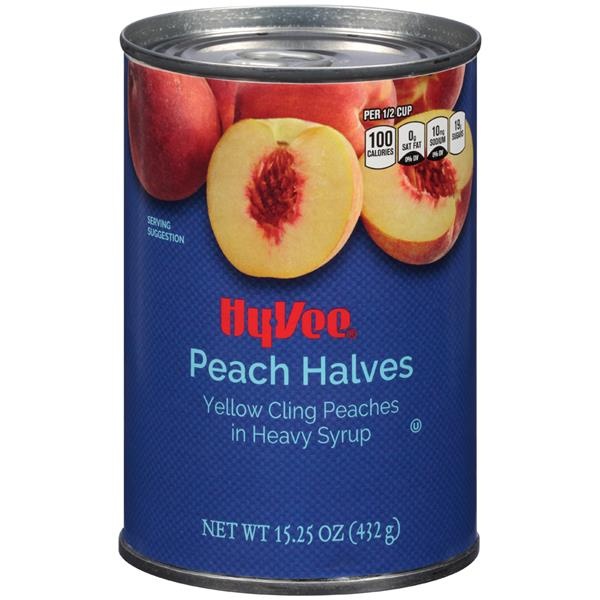 slide 1 of 1, Hy-vee Yellow Cling Peach Halves In Heavy Syrup, 15.25 oz