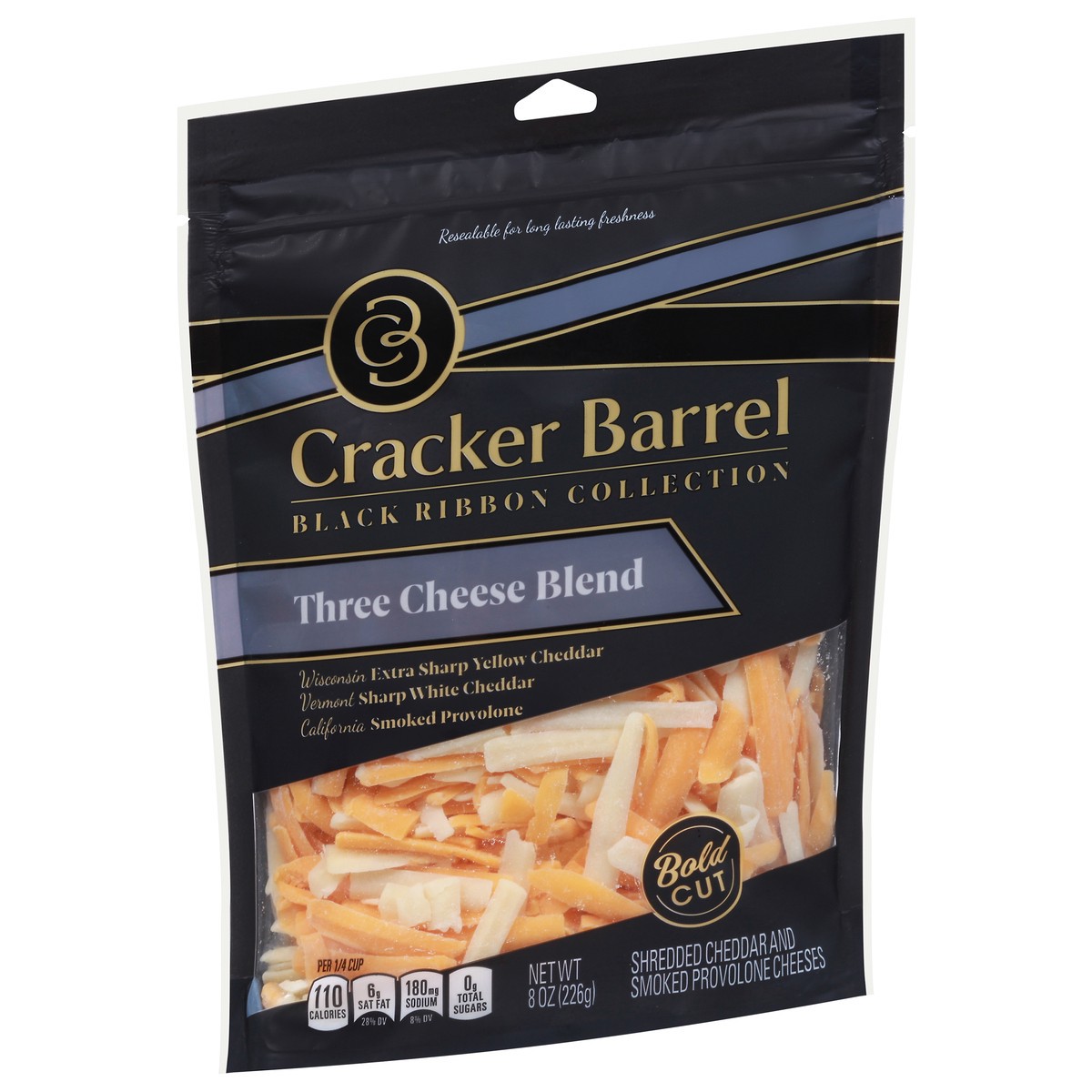 slide 3 of 11, Cracker Barrel Black Ribbon Three Cheese Blend Shredded Cheese, 8 oz. Bag, 8 oz