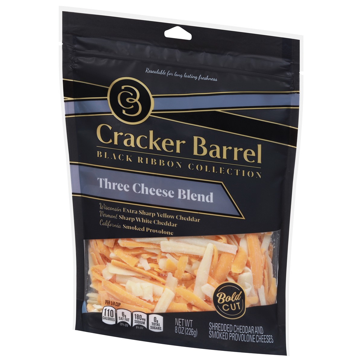 slide 4 of 11, Cracker Barrel Black Ribbon Three Cheese Blend Shredded Cheese, 8 oz. Bag, 8 oz