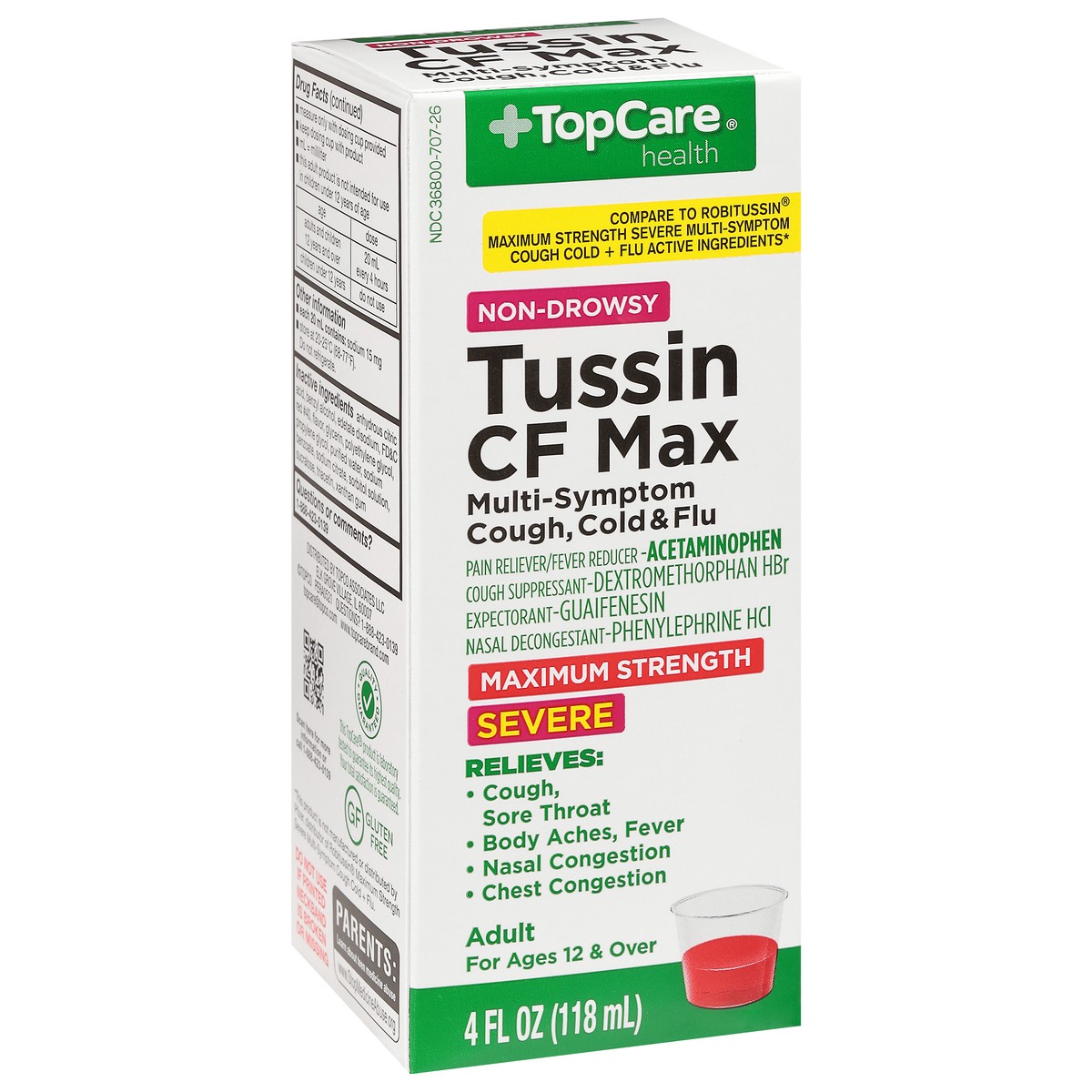 slide 2 of 9, TopCare Maximum Strength Tussin Cf Max Severe Non-drowsy Multi-symptom Cough Cold + Flu Pain Reliever/fever Reducer, Cough Suppressant, Expectorant, Nasal Decongestant Liquid, 4 oz