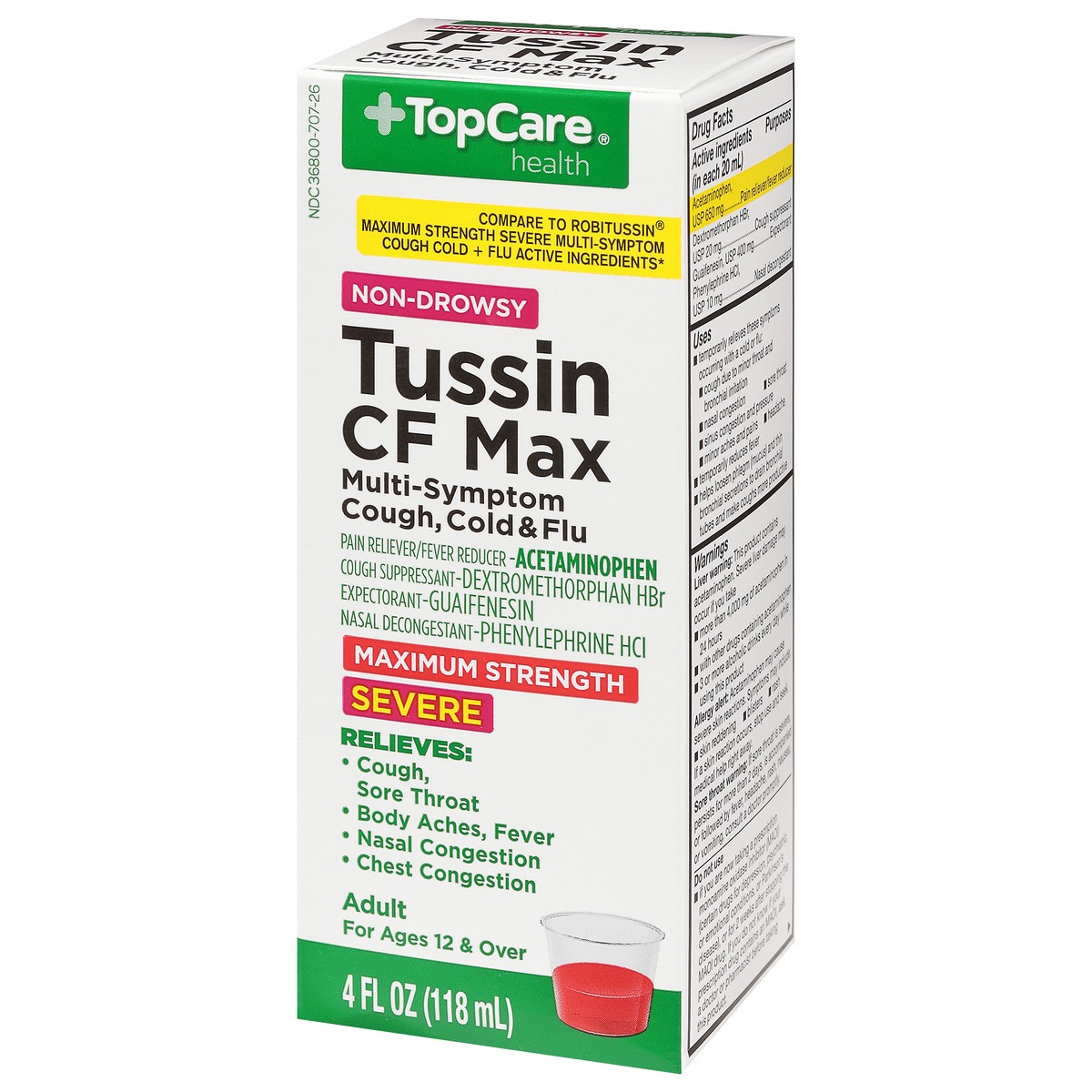 slide 3 of 9, TopCare Maximum Strength Tussin Cf Max Severe Non-drowsy Multi-symptom Cough Cold + Flu Pain Reliever/fever Reducer, Cough Suppressant, Expectorant, Nasal Decongestant Liquid, 4 oz