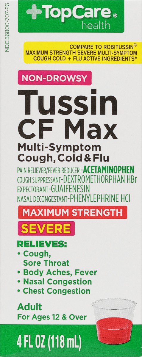 slide 6 of 9, TopCare Maximum Strength Tussin Cf Max Severe Non-drowsy Multi-symptom Cough Cold + Flu Pain Reliever/fever Reducer, Cough Suppressant, Expectorant, Nasal Decongestant Liquid, 4 oz