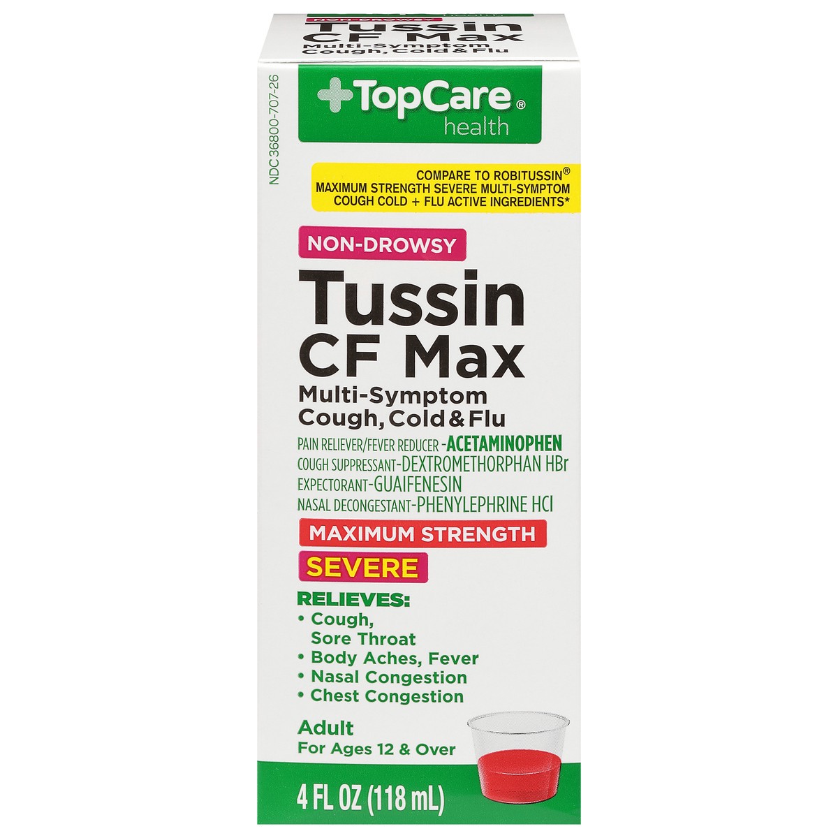 slide 1 of 9, TopCare Maximum Strength Tussin Cf Max Severe Non-drowsy Multi-symptom Cough Cold + Flu Pain Reliever/fever Reducer, Cough Suppressant, Expectorant, Nasal Decongestant Liquid, 4 oz