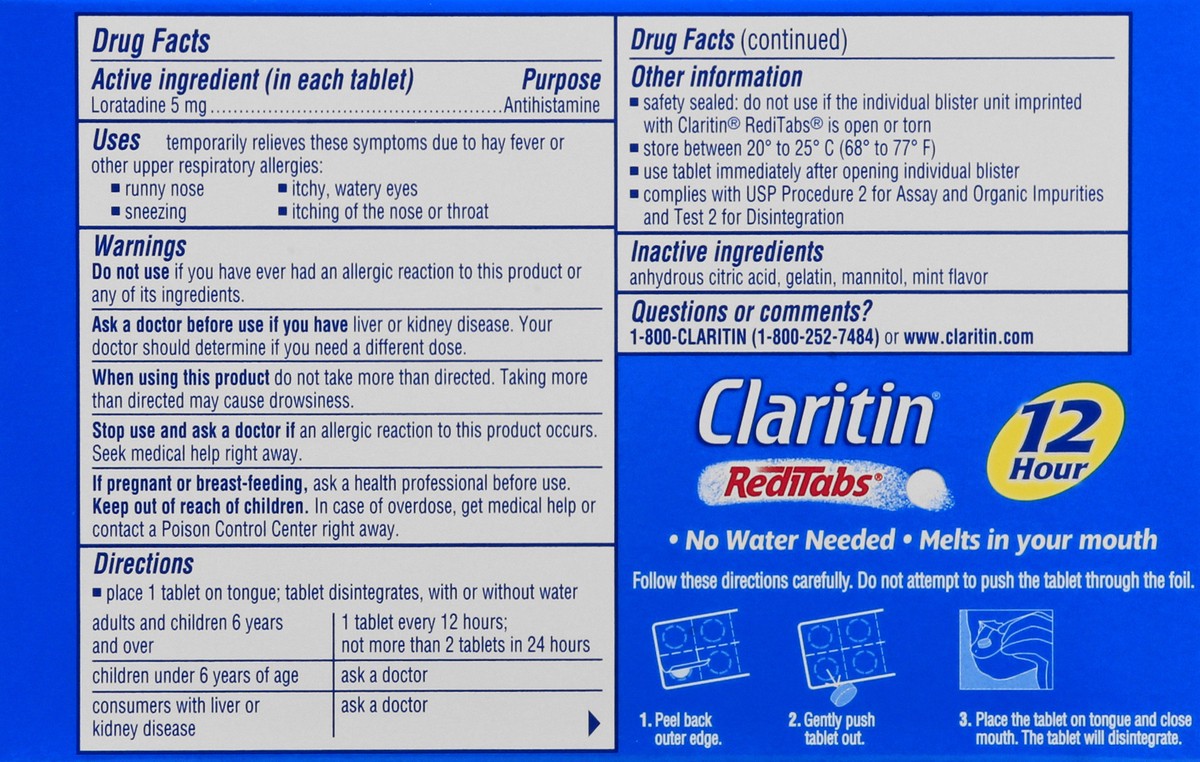 slide 5 of 9, Claritin RediTabs Non-Drowsy 5 mg Tablets Indoor & Outdoor Allergies 30 ea, 30 ct