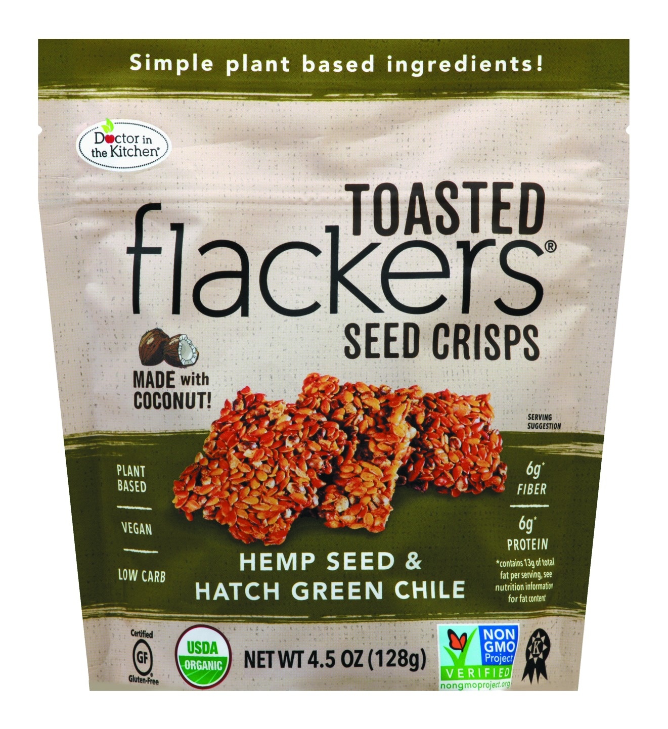 slide 1 of 1, Doctor in the Kitchen Hemp Seed & Green Chile Flackers Seed Crisps, 4.5 oz