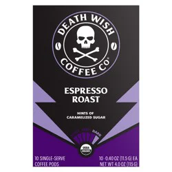 Death Wish Coffee Co.. Single-Serve Pods Dark Espresso Roast Coffee, 10 ct - 0.40 oz Pods