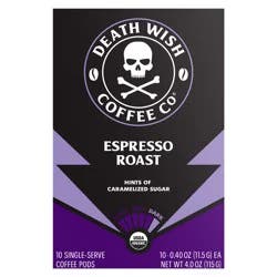 Death Wish Coffee Co.. Single-Serve Pods Dark Espresso Roast Coffee, 10 ct - 0.40 oz Pods