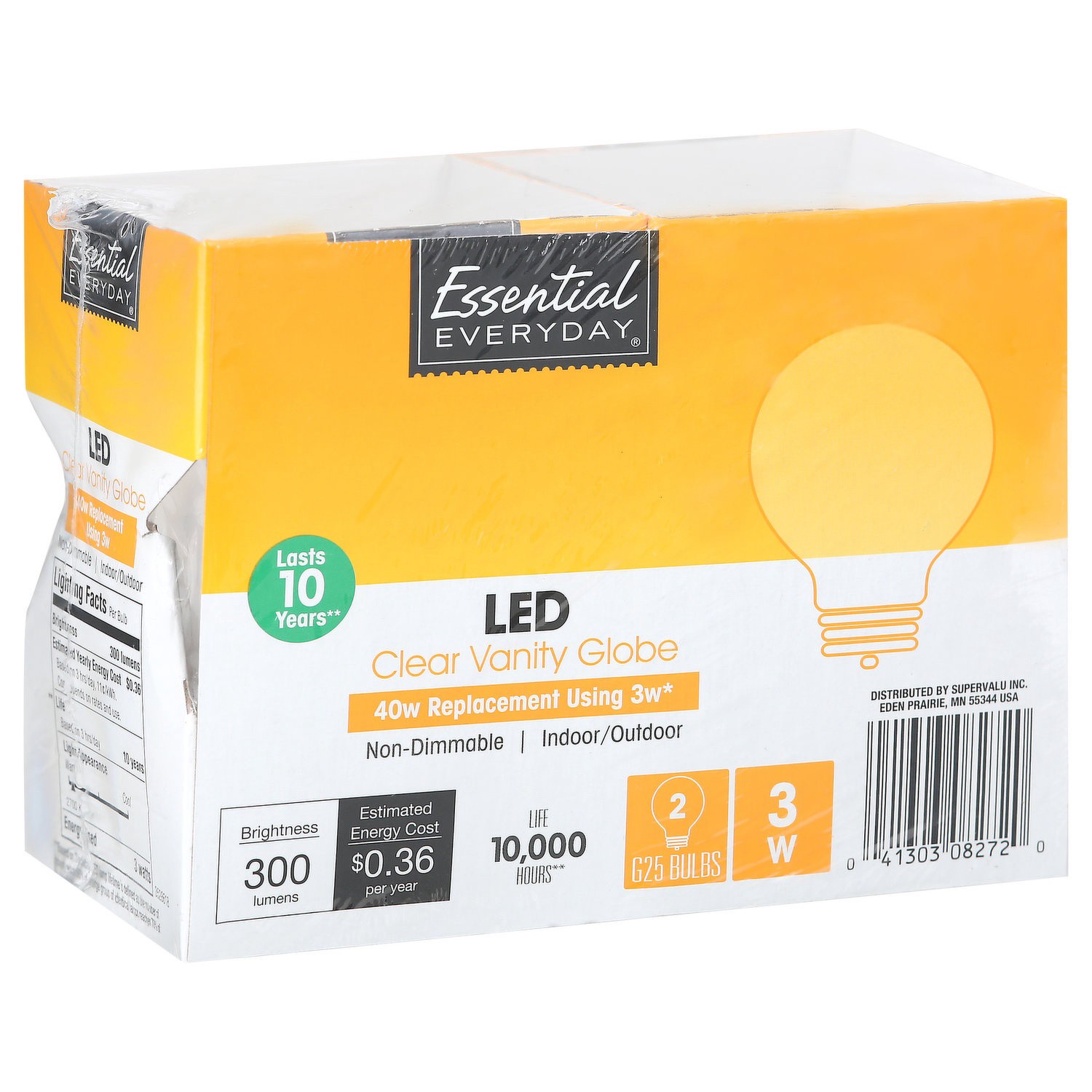 slide 1 of 1, Essential Everyday Light Bulbs, LED, Clear Vanity Globe, 3 Watts, 2 Each, 2 ct