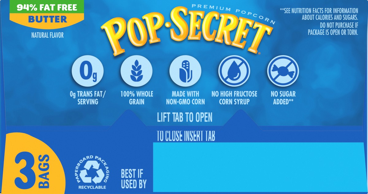 slide 3 of 10, Pop-Secret 94% Fat Free Butter Popcorn 3 ea, 3 ct; 3 oz