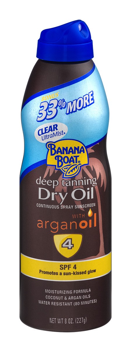 slide 1 of 9, Banana Boat Deep Tanning Dry Oil with Argan Oil Spray Sunscreen SPF 4, 8 oz