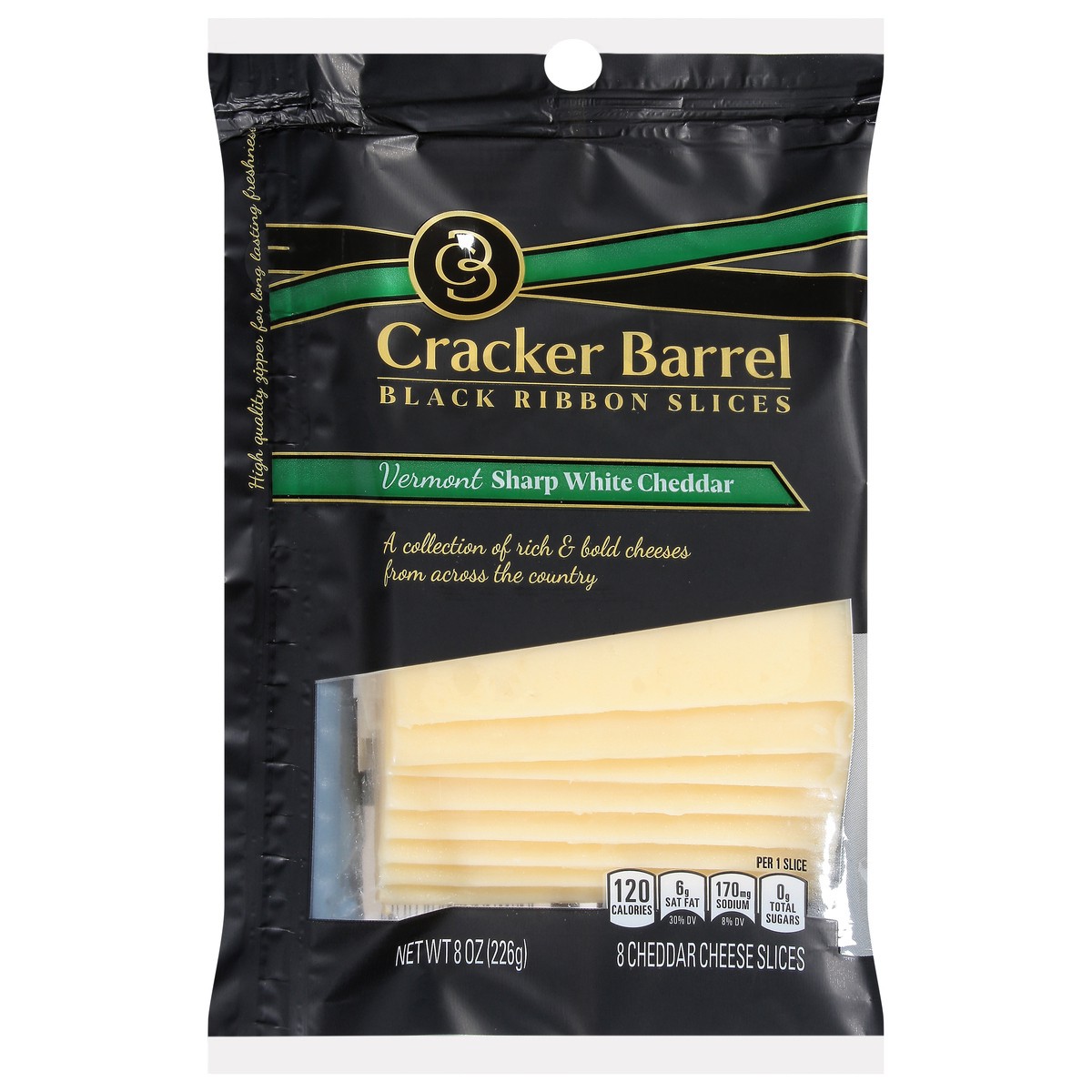 slide 6 of 11, Cracker Barrel Black Ribbon Slices Vermont Sharp White Cheddar Cheese Slices, 8 ct Pack, 8 ct