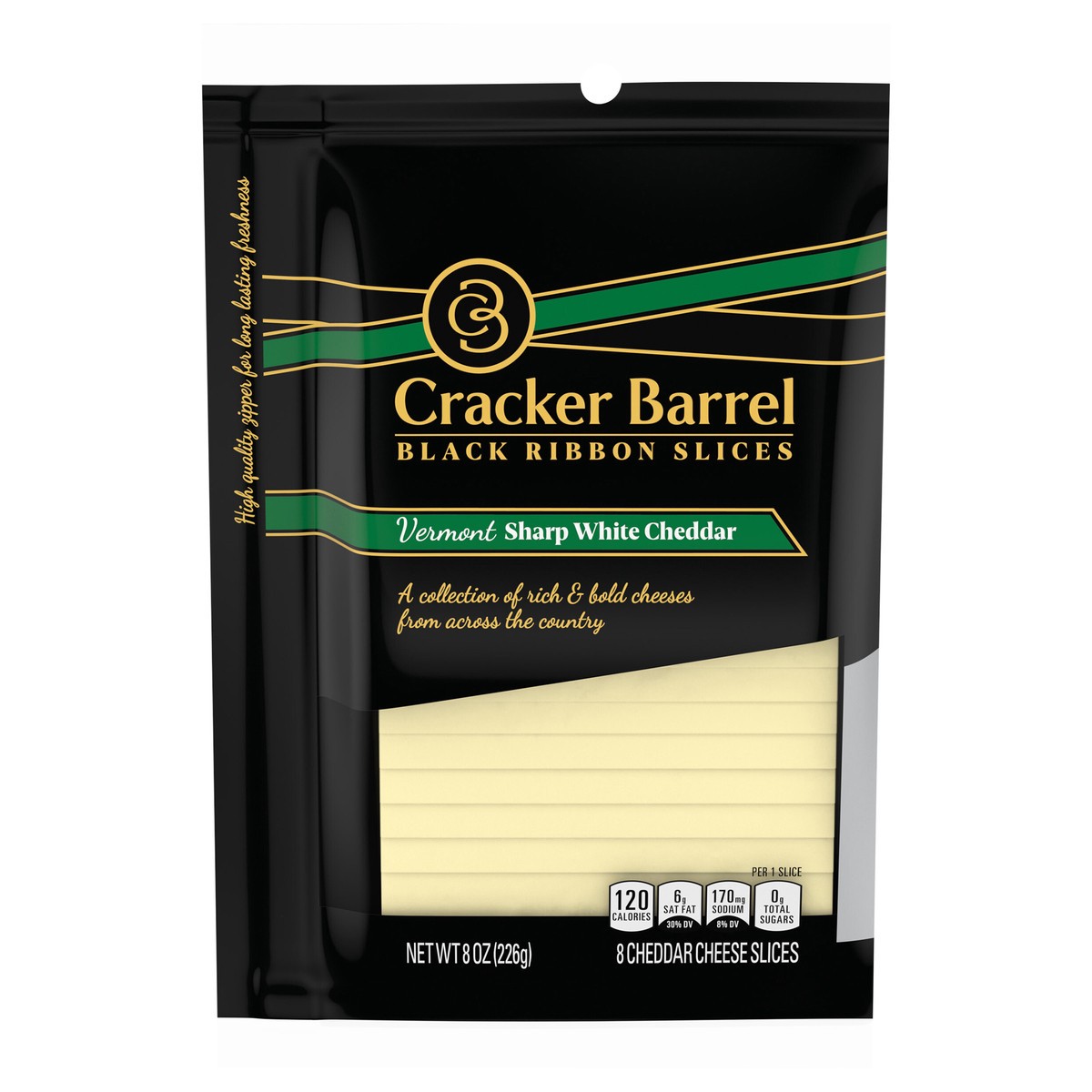 slide 1 of 11, Cracker Barrel Black Ribbon Slices Vermont Sharp White Cheddar Cheese Slices, 8 ct Pack, 8 ct