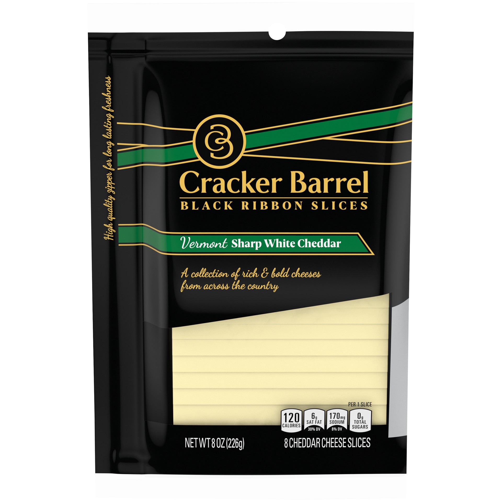 slide 1 of 11, Cracker Barrel Black Ribbon Slices Vermont Sharp White Cheddar Cheese Slices, 8 ct Pack, 8 ct