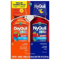 Vicks Kids Dayquil & Nyquil Berry Cold & Cough Medicine Co-Pack, Daytime & Nighttime Relief From Your Child's Bothersome Cold Symptoms, Great-Tasting Berry Flavored, Free Of Alcohol And Acetaminophen, For Children Ages 6+, 2 - 8 Oz Bottles