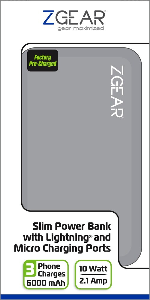 slide 1 of 1, Zgear 6000Mah Slim Power Bank - Gray, 1 ct
