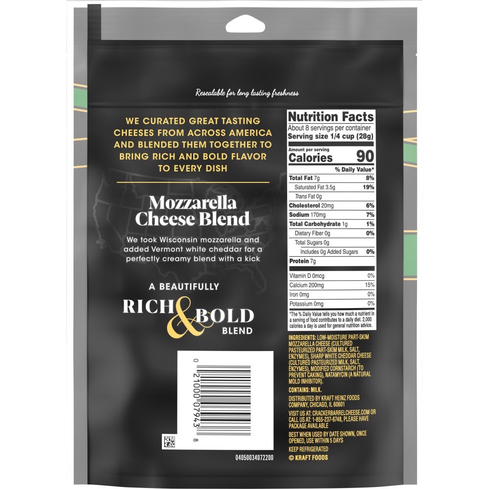 slide 6 of 6, Cracker Barrel Black Ribbon Mozzarella Cheese Blend Shredded Cheese, 8 oz. Bag, 8 oz