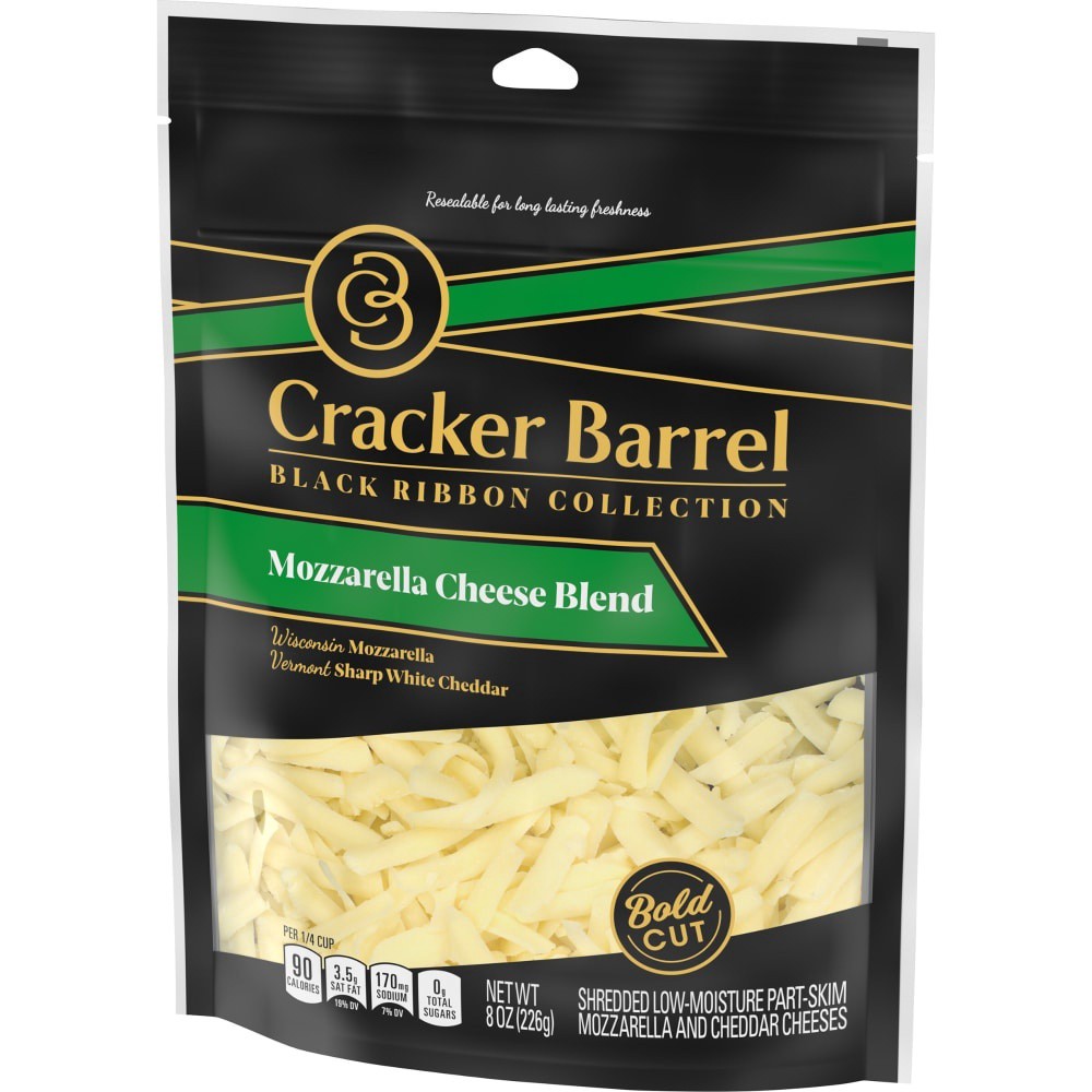 slide 4 of 6, Cracker Barrel Black Ribbon Mozzarella Cheese Blend Shredded Cheese, 8 oz. Bag, 8 oz