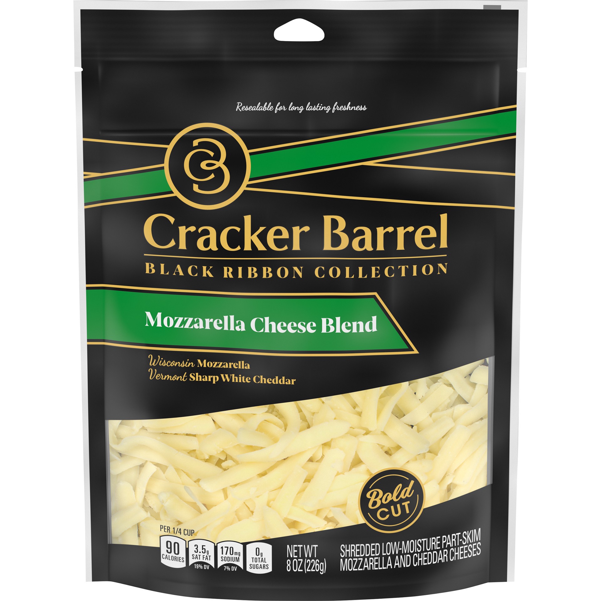 slide 1 of 6, Cracker Barrel Black Ribbon Mozzarella Cheese Blend Shredded Cheese, 8 oz. Bag, 8 oz