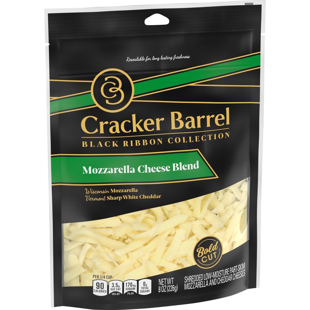 slide 3 of 6, Cracker Barrel Black Ribbon Mozzarella Cheese Blend Shredded Cheese, 8 oz. Bag, 8 oz