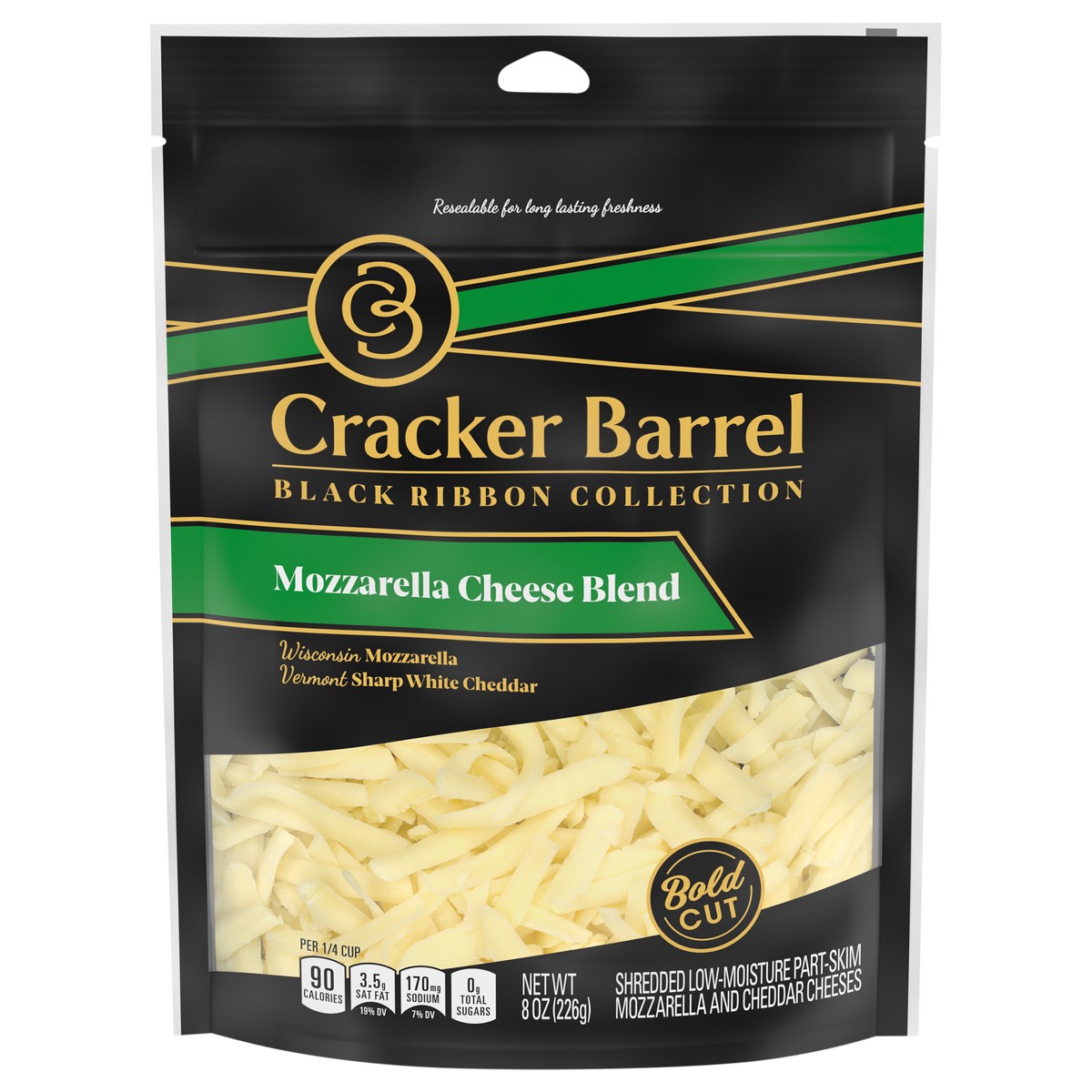 slide 1 of 6, Cracker Barrel Black Ribbon Mozzarella Cheese Blend Shredded Cheese, 8 oz. Bag, 8 oz
