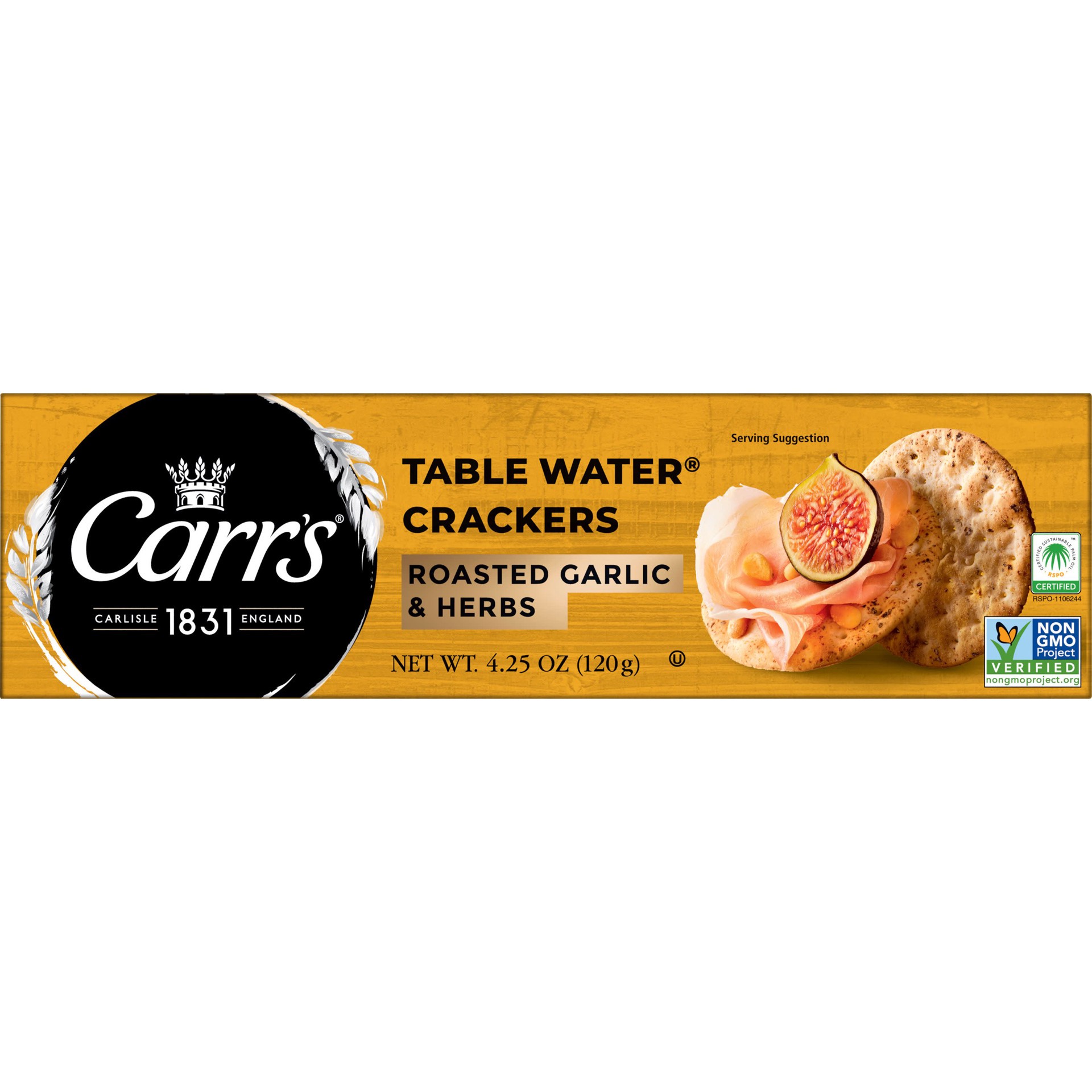 slide 1 of 5, Carr's Table Water Crackers With Roasted Garlic & Herbs, 4.25 oz