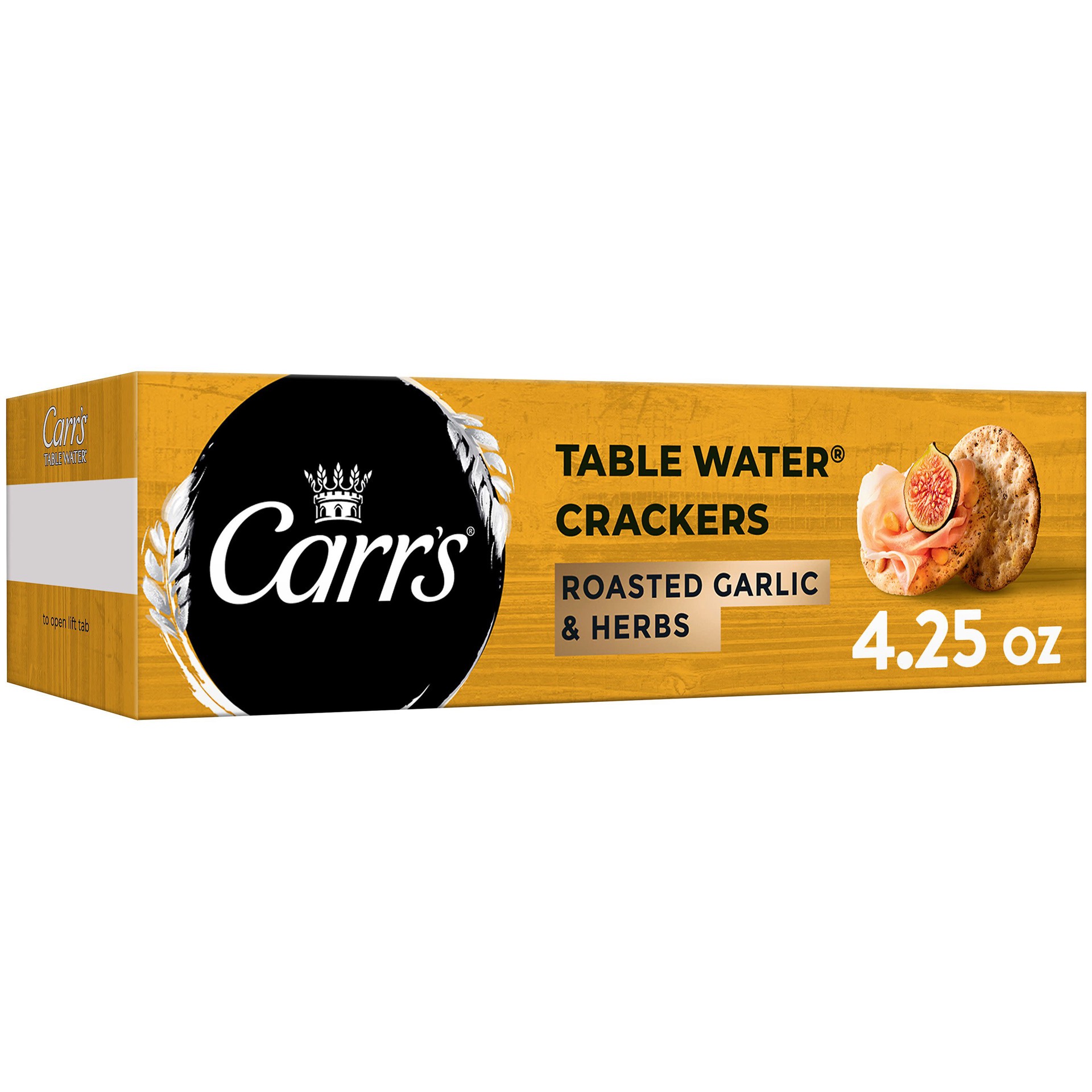 slide 1 of 5, Carr's Table Water Crackers, Baked Snack Crackers, Party Snacks, Roasted Garlic and Herbs, 4.5oz Box, 1 Box, 4.25 oz