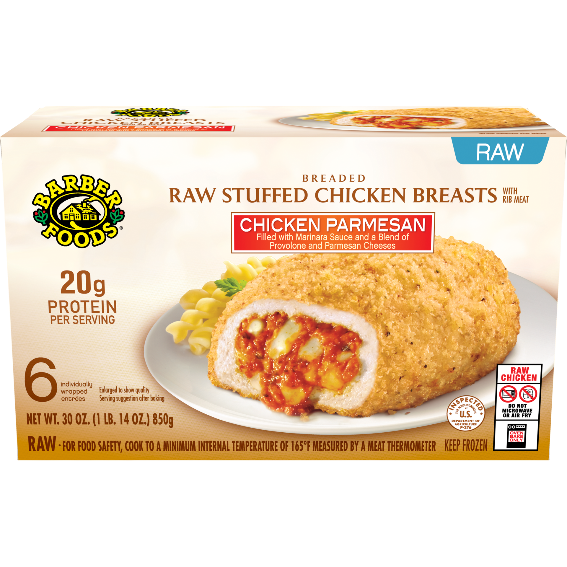 slide 1 of 11, Barber Foods Stuffed Chicken Breasts Chicken Parmesan, 6 Count, 850.49 g