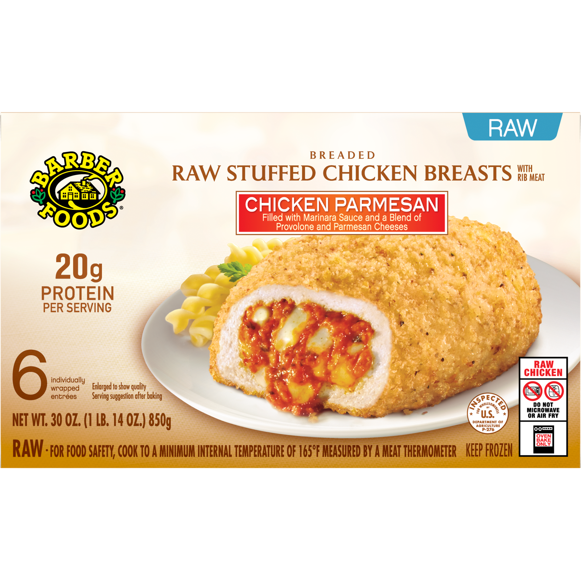 slide 1 of 11, Barber Foods Stuffed Chicken Breasts Chicken Parmesan, 6 Count, 850.49 g