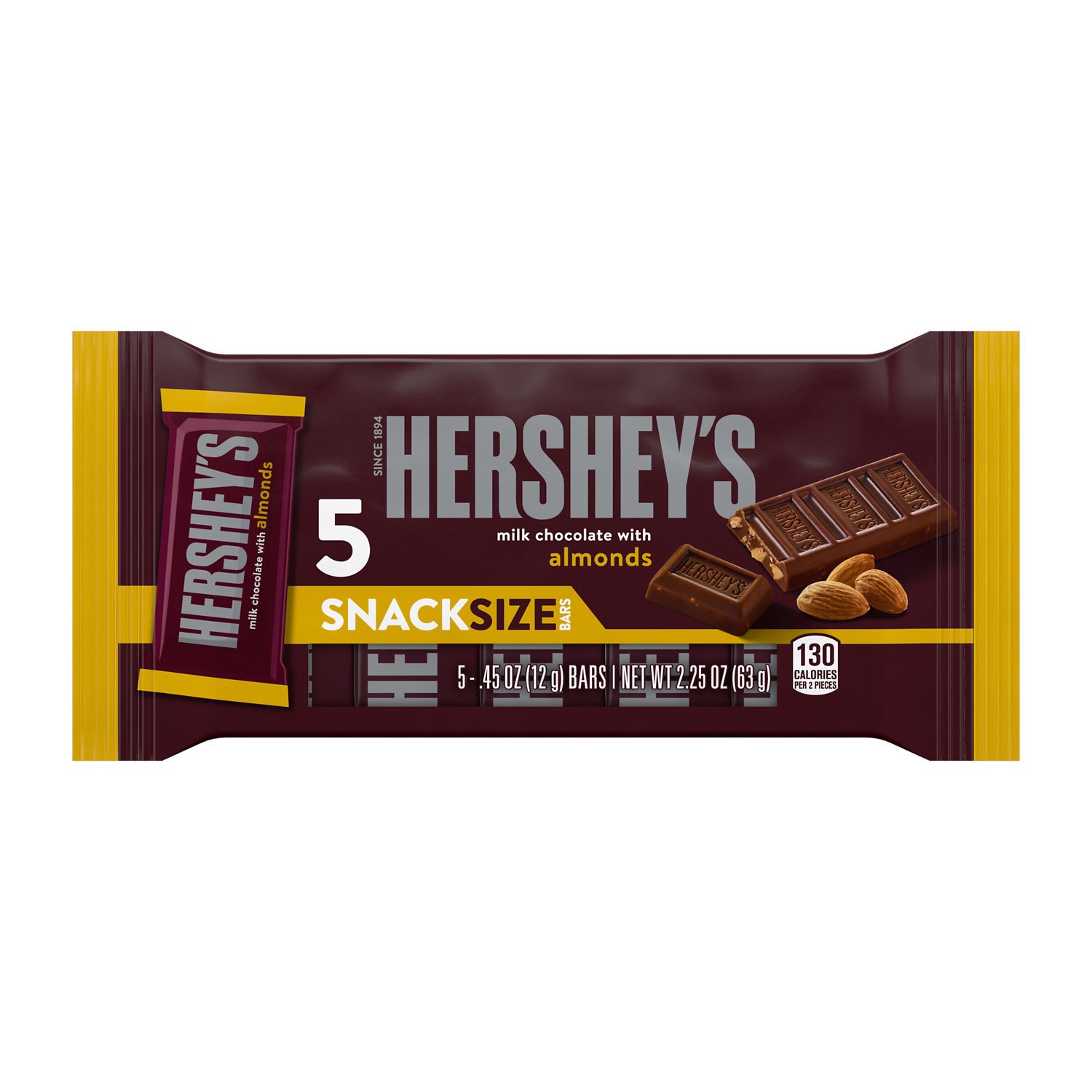 slide 1 of 6, Hershey's Milk Chocolate with Almonds Snack Size, Candy Bars, 0.45 oz (5 Count), 0.45 oz