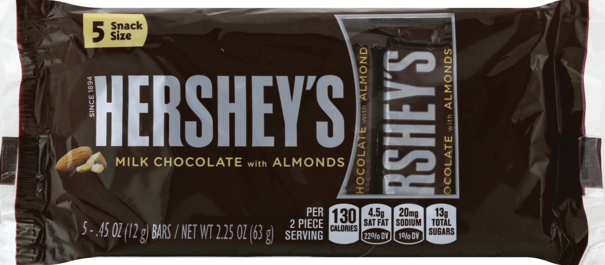 slide 5 of 6, Hershey's Milk Chocolate with Almonds Snack Size, Candy Bars, 0.45 oz (5 Count), 0.45 oz