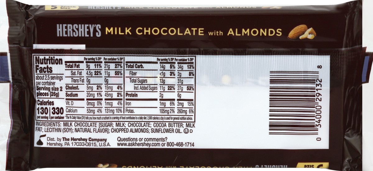 slide 6 of 6, Hershey's Milk Chocolate with Almonds Snack Size, Candy Bars, 0.45 oz (5 Count), 0.45 oz