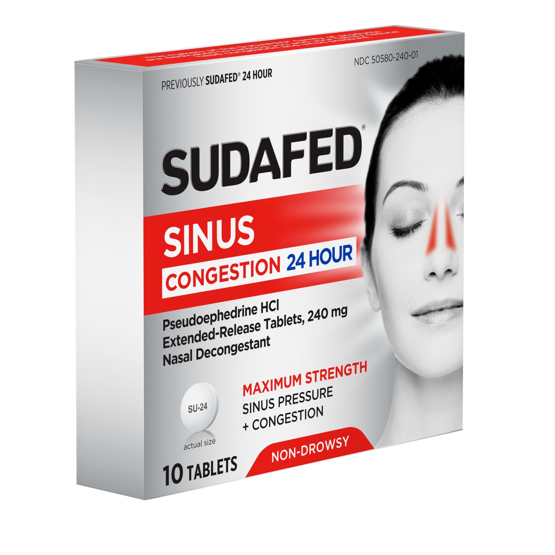 slide 2 of 5, Sudafed Sinus Congestion 24-Hour Maximum Strength Non-Drowsy Decongestant Tablets with Pseudoephedrine HCl, All-Day Relief from Sinus Pressure, Sinus Congestion & Nasal Congestion, 10 ct, 