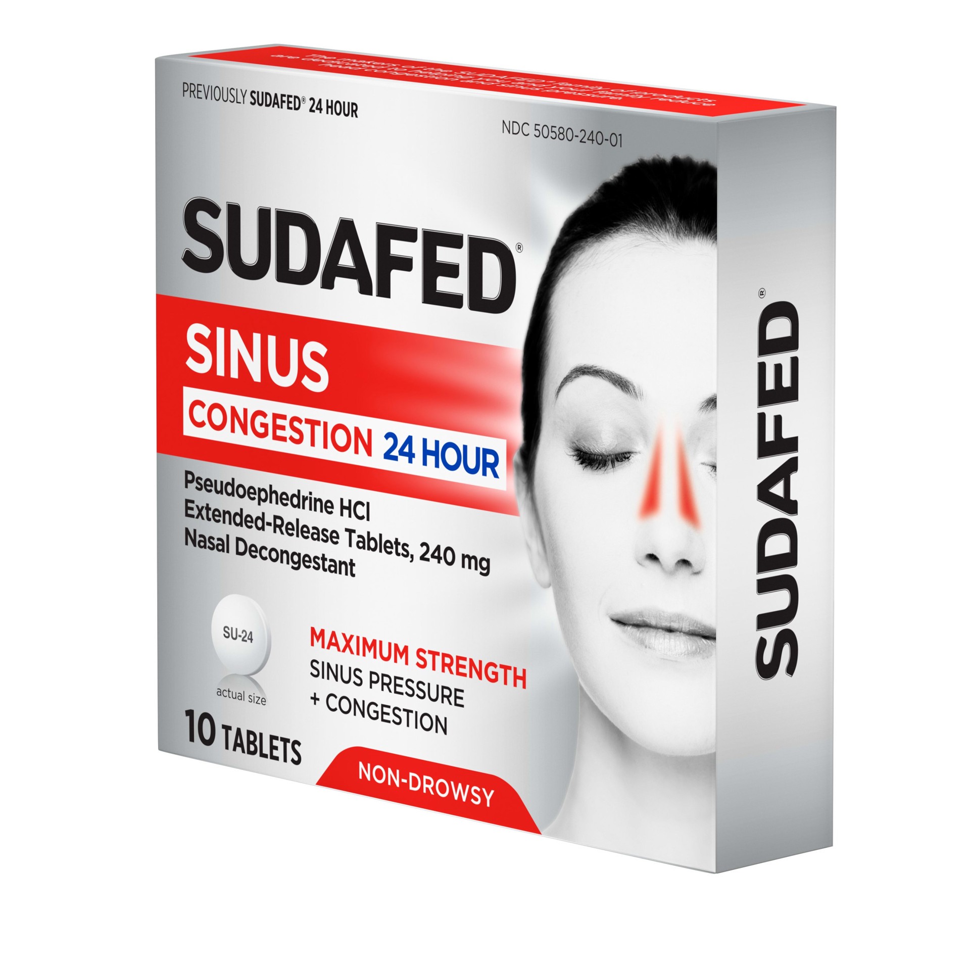 slide 3 of 5, Sudafed Sinus Congestion 24-Hour Maximum Strength Non-Drowsy Decongestant Tablets with Pseudoephedrine HCl, All-Day Relief from Sinus Pressure, Sinus Congestion & Nasal Congestion, 10 ct, 