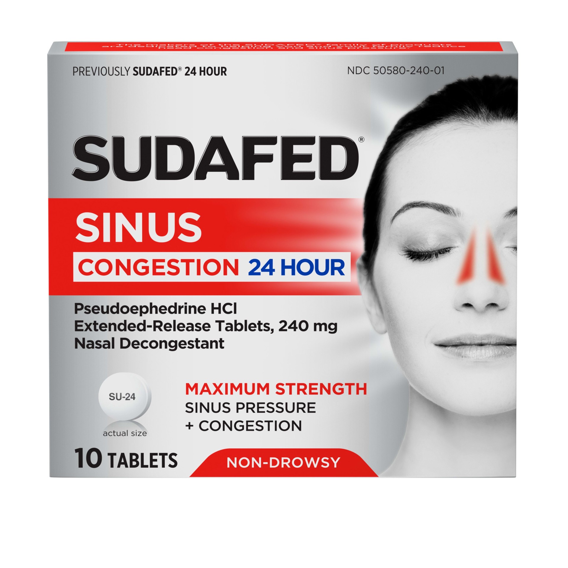 slide 5 of 5, Sudafed Sinus Congestion 24-Hour Maximum Strength Non-Drowsy Decongestant Tablets with Pseudoephedrine HCl, All-Day Relief from Sinus Pressure, Sinus Congestion & Nasal Congestion, 10 ct, 